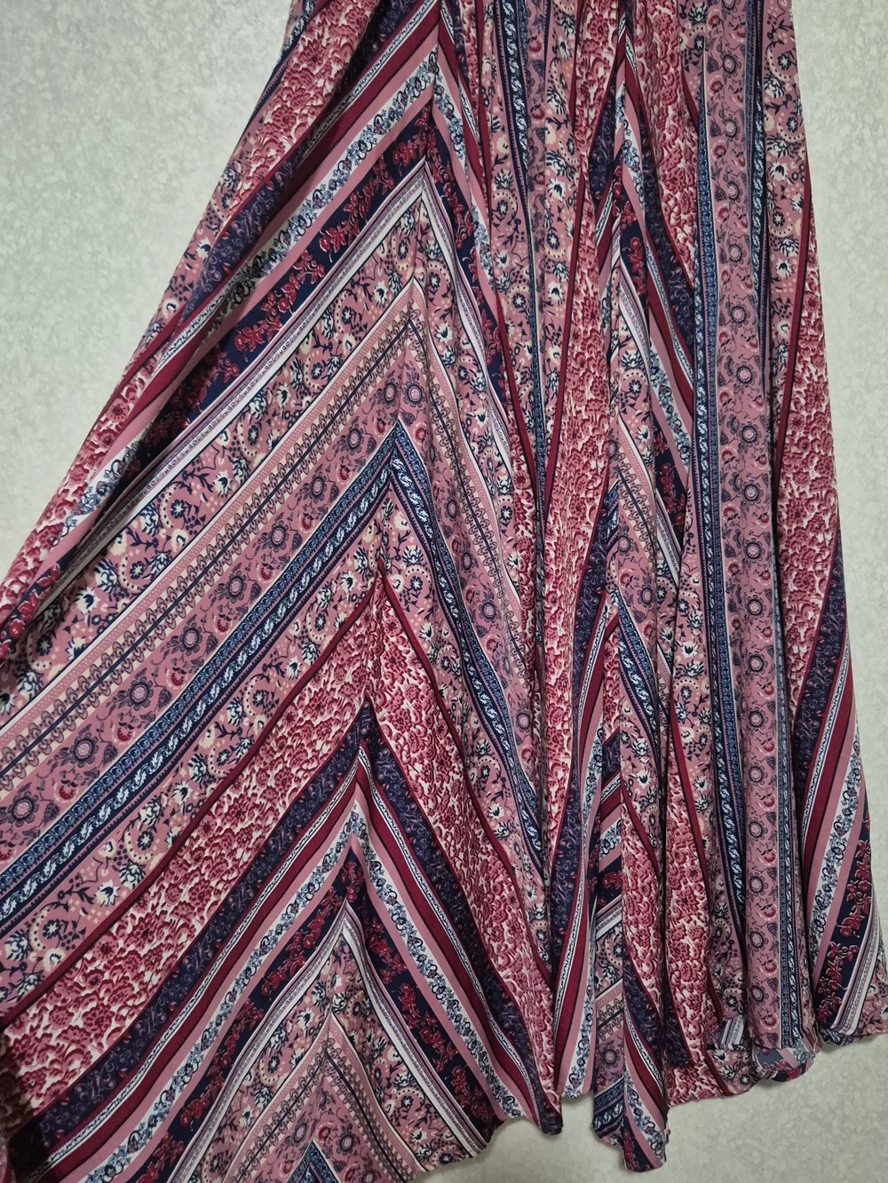 Bohemian Pink Patterned Maxi Skirt with Navy Accents